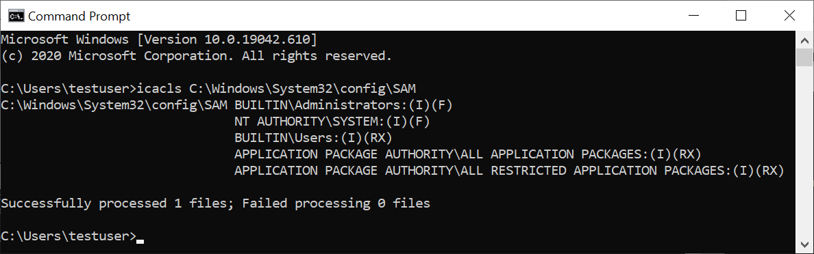 icacls.exe output showing a SAM file that is readable by regular users