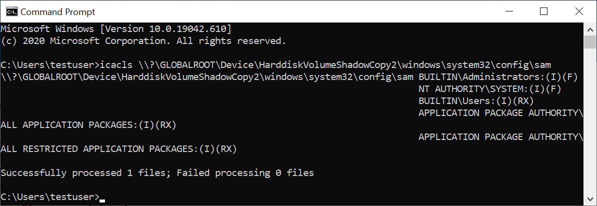 Running icacls.exe on a volume shadow copy